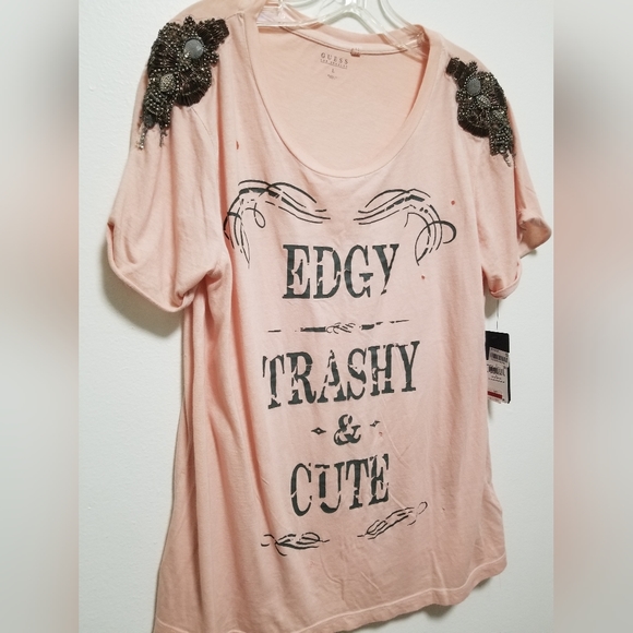 Guess Tops - New Guess Pink Beaded Rock T-shirt Distressed Graphic Edgy Trashy & Cute Large
